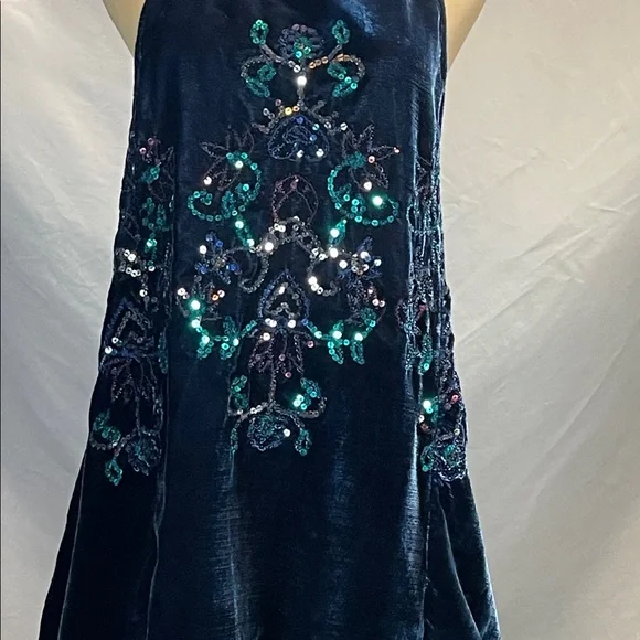 Free People Deep Blue Velvet Sleeveless Mini Dress with Sequin Details - Picture 2 of 11